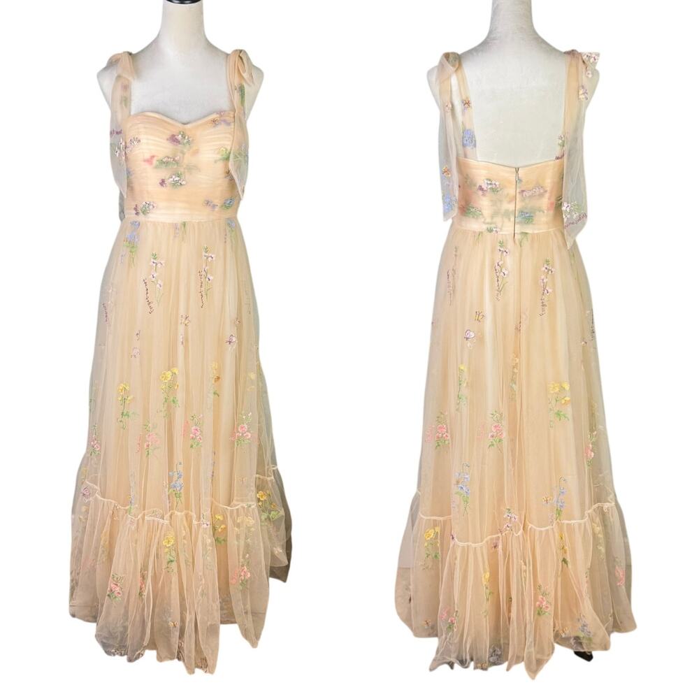 Neutral Cream Tulle Tie Straps Long A Line Flower Embroidered Prom Formal Dress - Picture 3 of 13